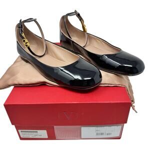 Valentino Tan-Go Ballet Flats Black Patent Ankle Strap Size 40.5